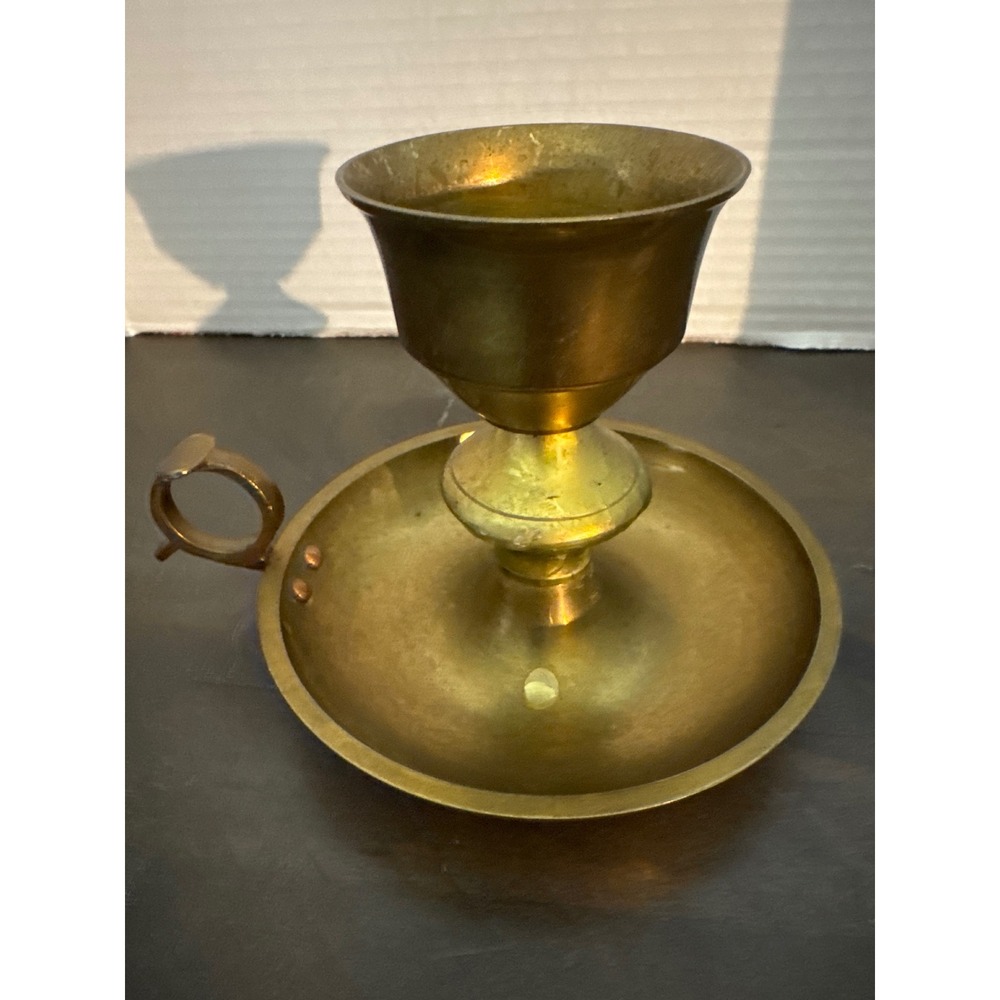 Vintage Solid Brass Chamberstick Candle Holder Finger Loop Handle Made in India